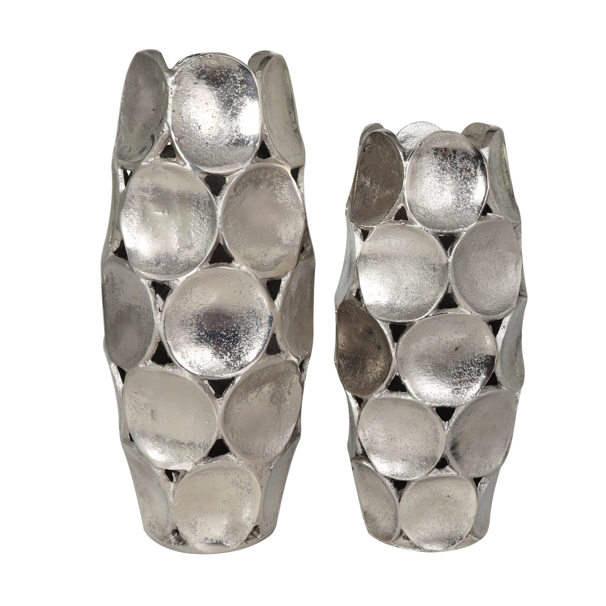 Silver Aluminum Geometric Open Framed Vase Set with Circular Plates